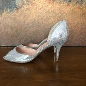 Kate Spade Glitter Silver Leather Sole Peep Toe D'Orsay High Heels Shoes sz 8.5